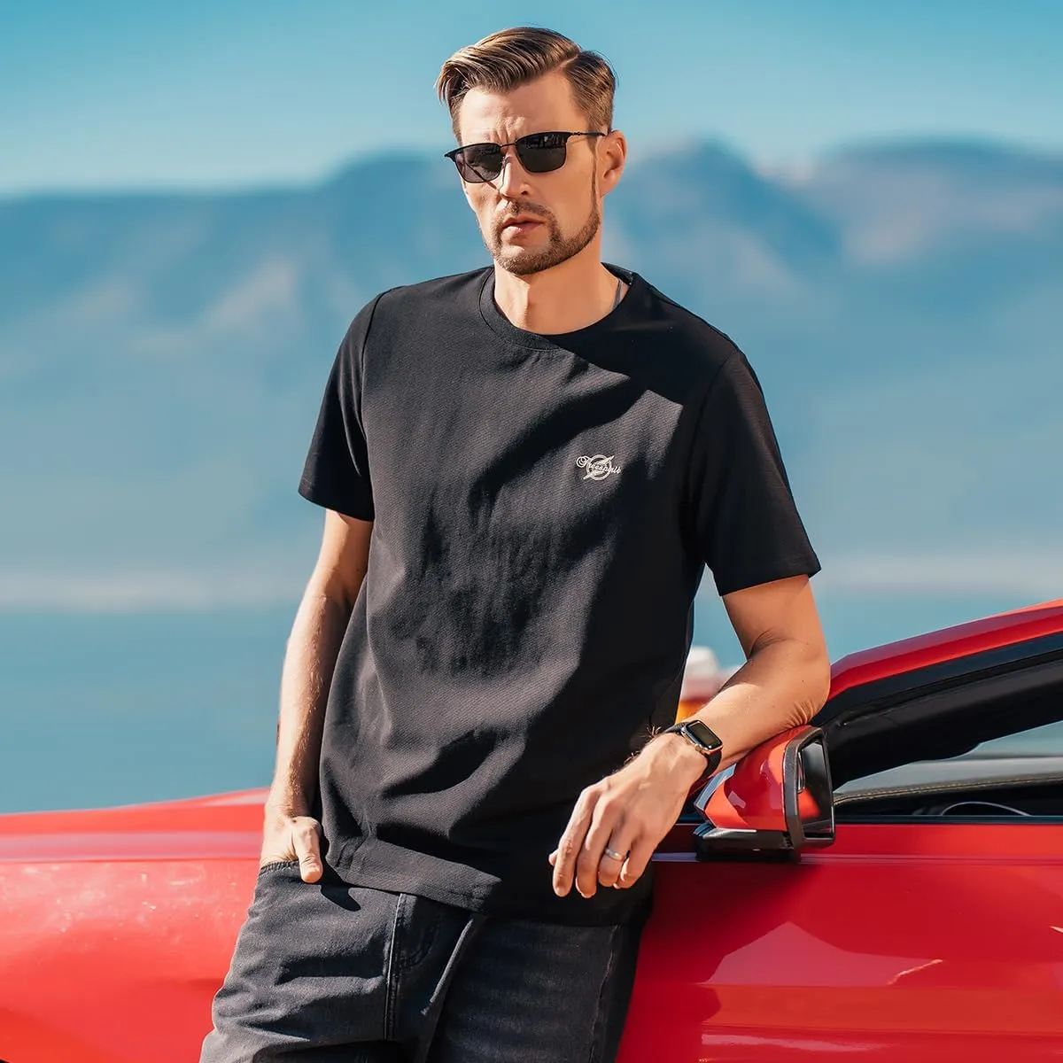 220G Heavyweight Pure Cotton Trendy American Short-Sleeved T-Shirt Men's Contrast Color Silhouette Short-Sleeved T-Shirt