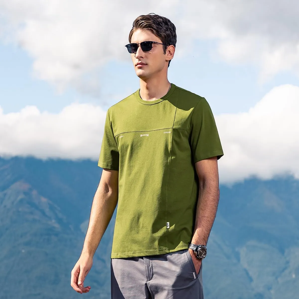 220G Heavyweight Pure Cotton Trendy American Short-Sleeved T-Shirt Men's Contrast Color Silhouette Short-Sleeved T-Shirt