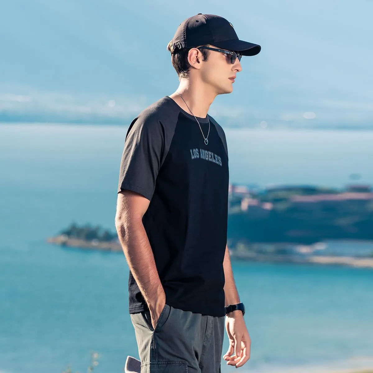 220G Heavyweight Pure Cotton Trendy American Short-Sleeved T-Shirt Men's Contrast Color Silhouette Short-Sleeved T-Shirt