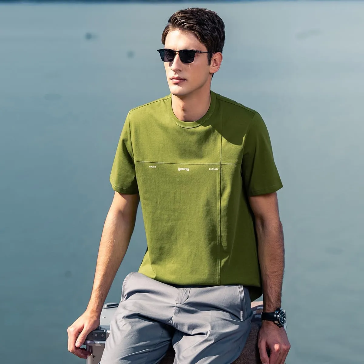 220G Heavyweight Pure Cotton Trendy American Short-Sleeved T-Shirt Men's Contrast Color Silhouette Short-Sleeved T-Shirt