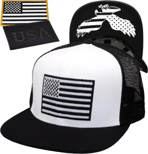 Antourage American Flag Unisex Baseball Hat for Men and Women | USA Flag Mesh Snapback Flat Visor Cap   2 Patriotic Patches