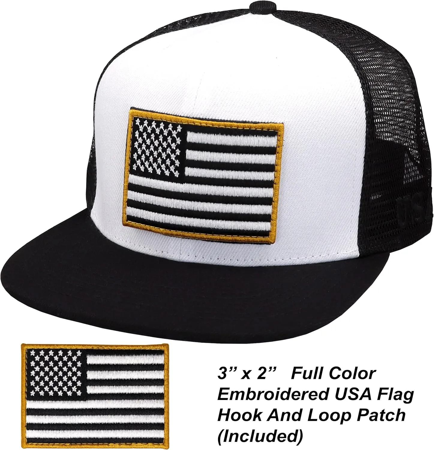 Antourage American Flag Unisex Baseball Hat for Men and Women | USA Flag Mesh Snapback Flat Visor Cap   2 Patriotic Patches