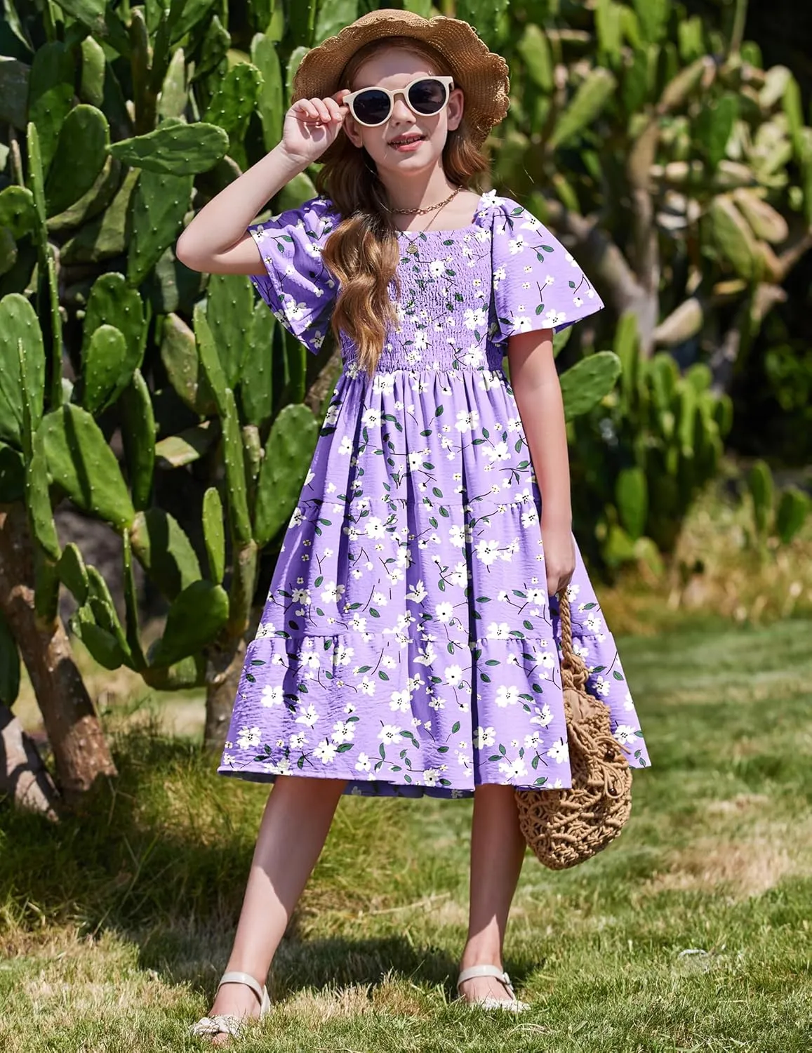Arshiner Girls Summer Dress Tween Boho Casual Smocked Swing Flowy Ruffle Midi Dresses with Pockets
