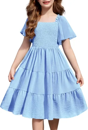Arshiner Girls Summer Dress Tween Boho Casual Smocked Swing Flowy Ruffle Midi Dresses with Pockets