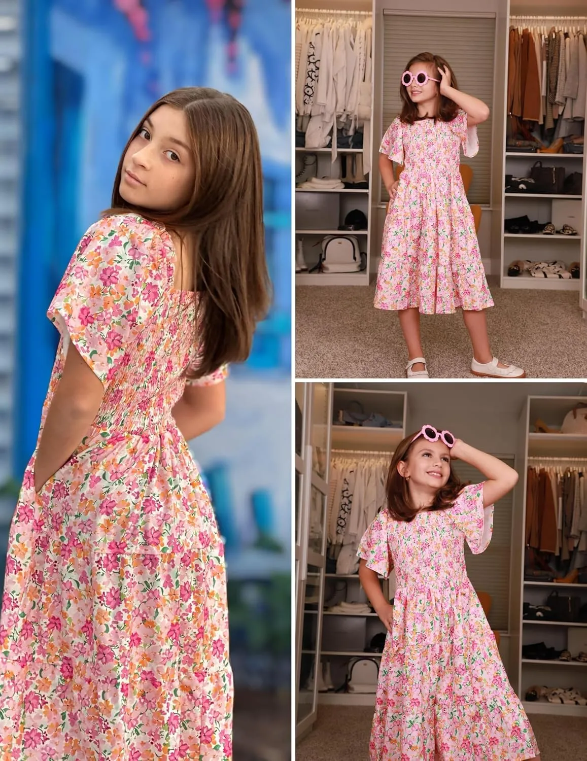 Arshiner Girls Summer Dress Tween Boho Casual Smocked Swing Flowy Ruffle Midi Dresses with Pockets
