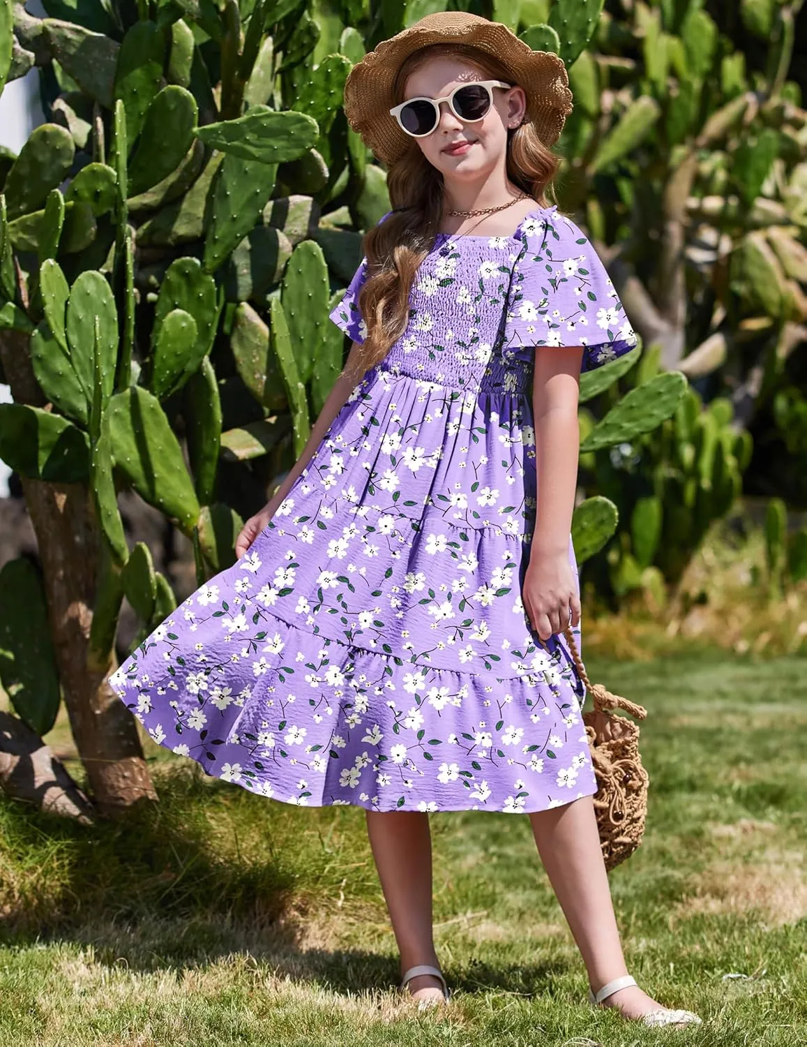 Arshiner Girls Summer Dress Tween Boho Casual Smocked Swing Flowy Ruffle Midi Dresses with Pockets
