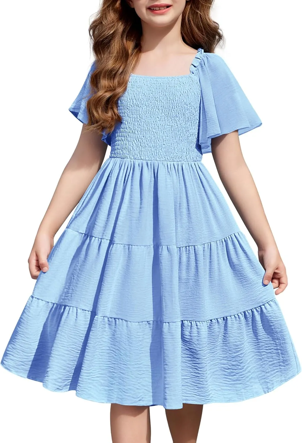 Arshiner Girls Summer Dress Tween Boho Casual Smocked Swing Flowy Ruffle Midi Dresses with Pockets