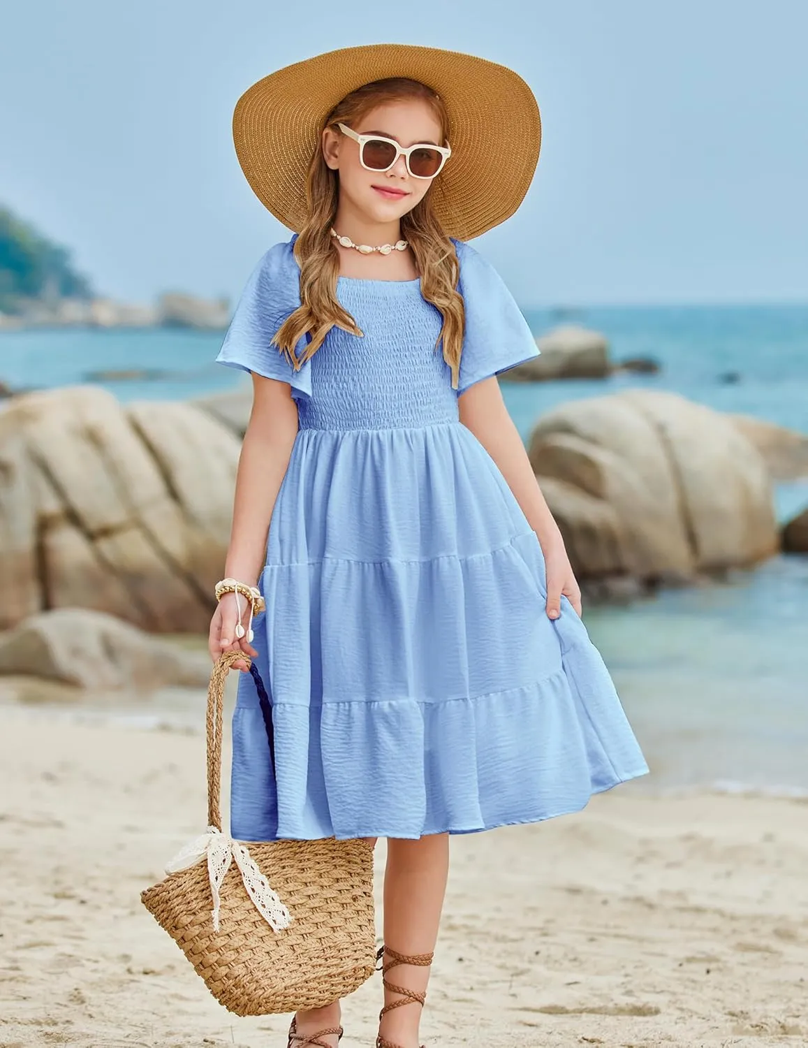 Arshiner Girls Summer Dress Tween Boho Casual Smocked Swing Flowy Ruffle Midi Dresses with Pockets