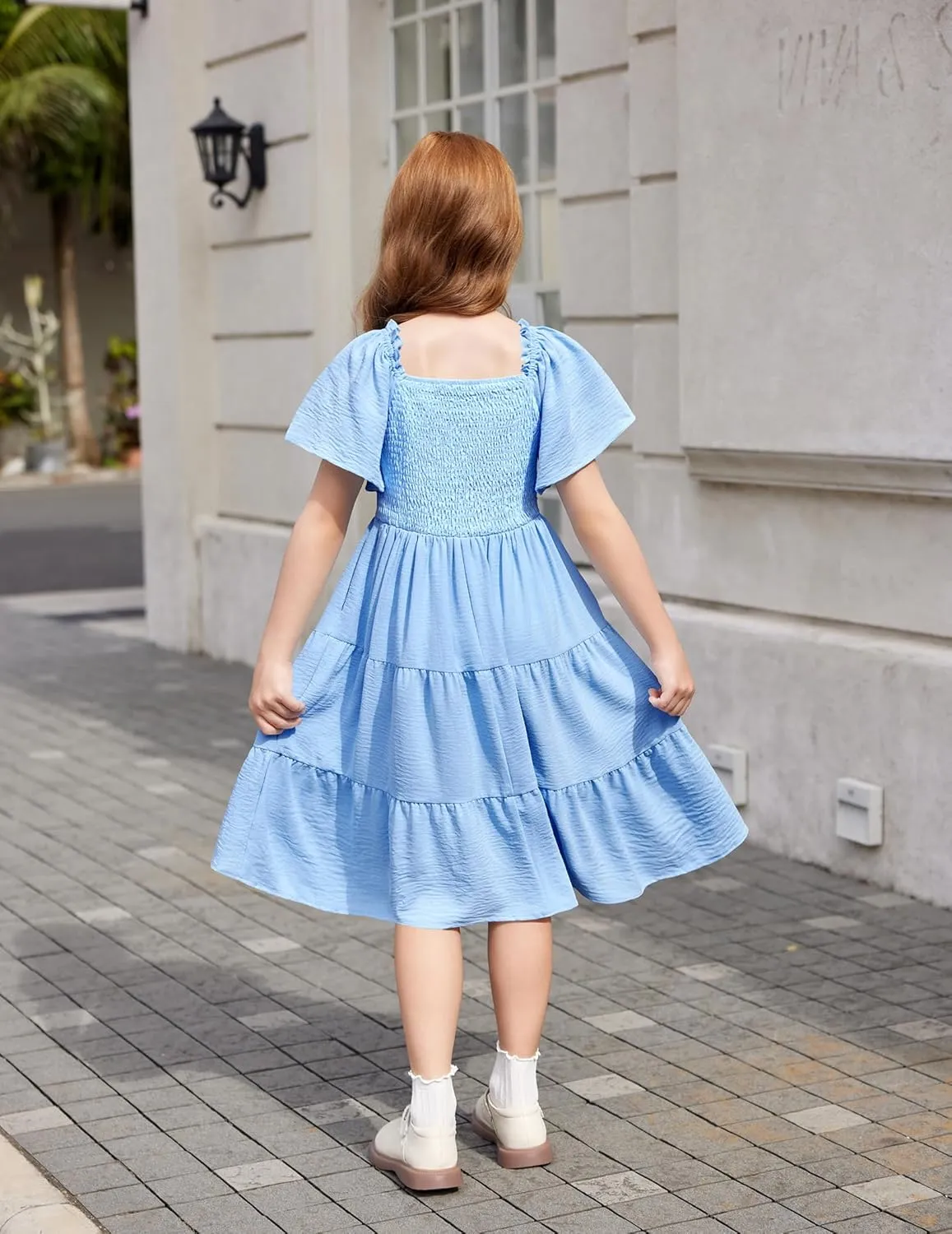 Arshiner Girls Summer Dress Tween Boho Casual Smocked Swing Flowy Ruffle Midi Dresses with Pockets