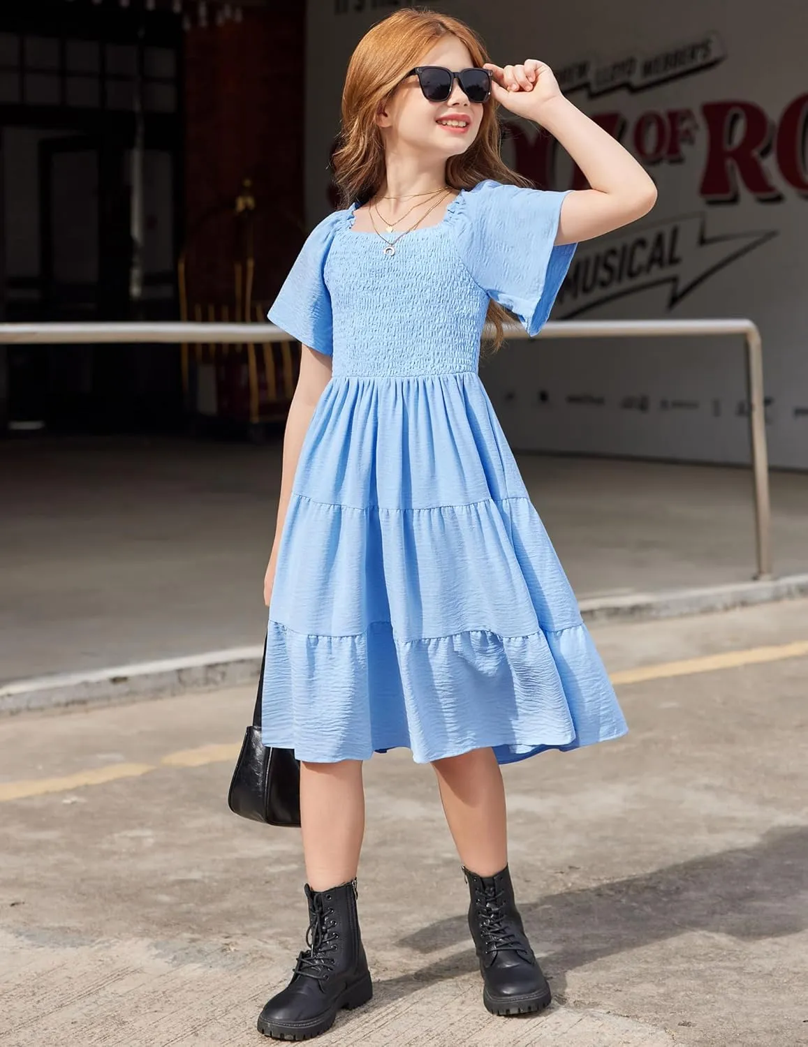 Arshiner Girls Summer Dress Tween Boho Casual Smocked Swing Flowy Ruffle Midi Dresses with Pockets