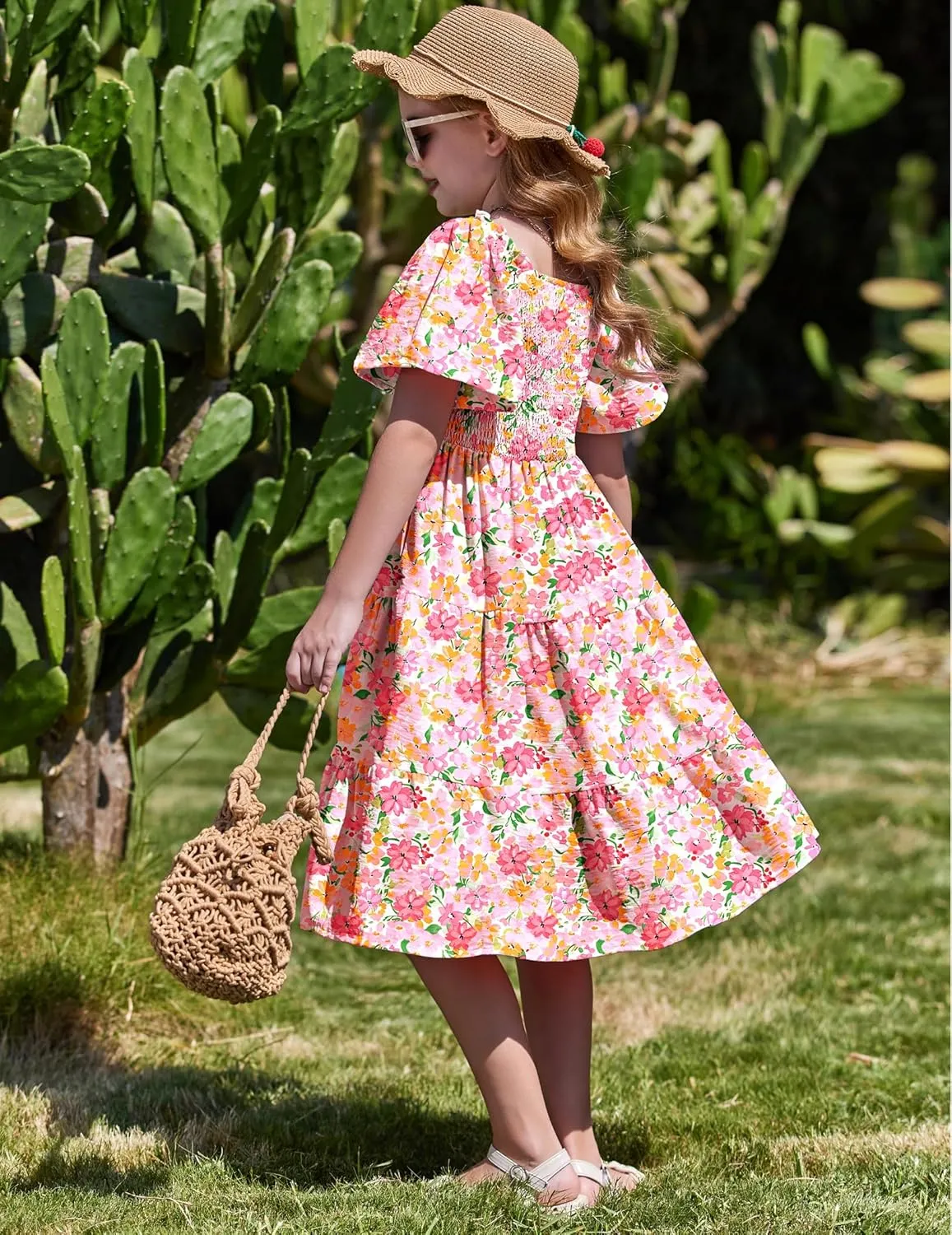 Arshiner Girls Summer Dress Tween Boho Casual Smocked Swing Flowy Ruffle Midi Dresses with Pockets