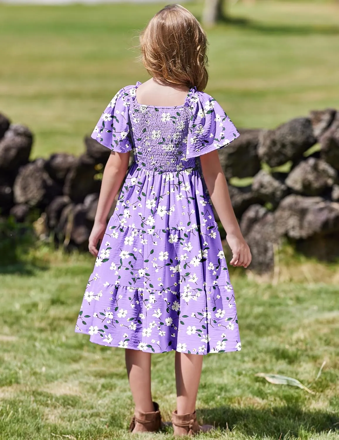 Arshiner Girls Summer Dress Tween Boho Casual Smocked Swing Flowy Ruffle Midi Dresses with Pockets