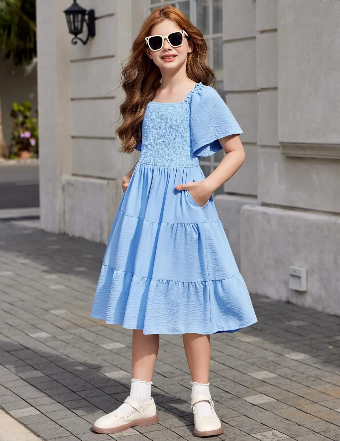 Arshiner Girls Summer Dress Tween Boho Casual Smocked Swing Flowy Ruffle Midi Dresses with Pockets