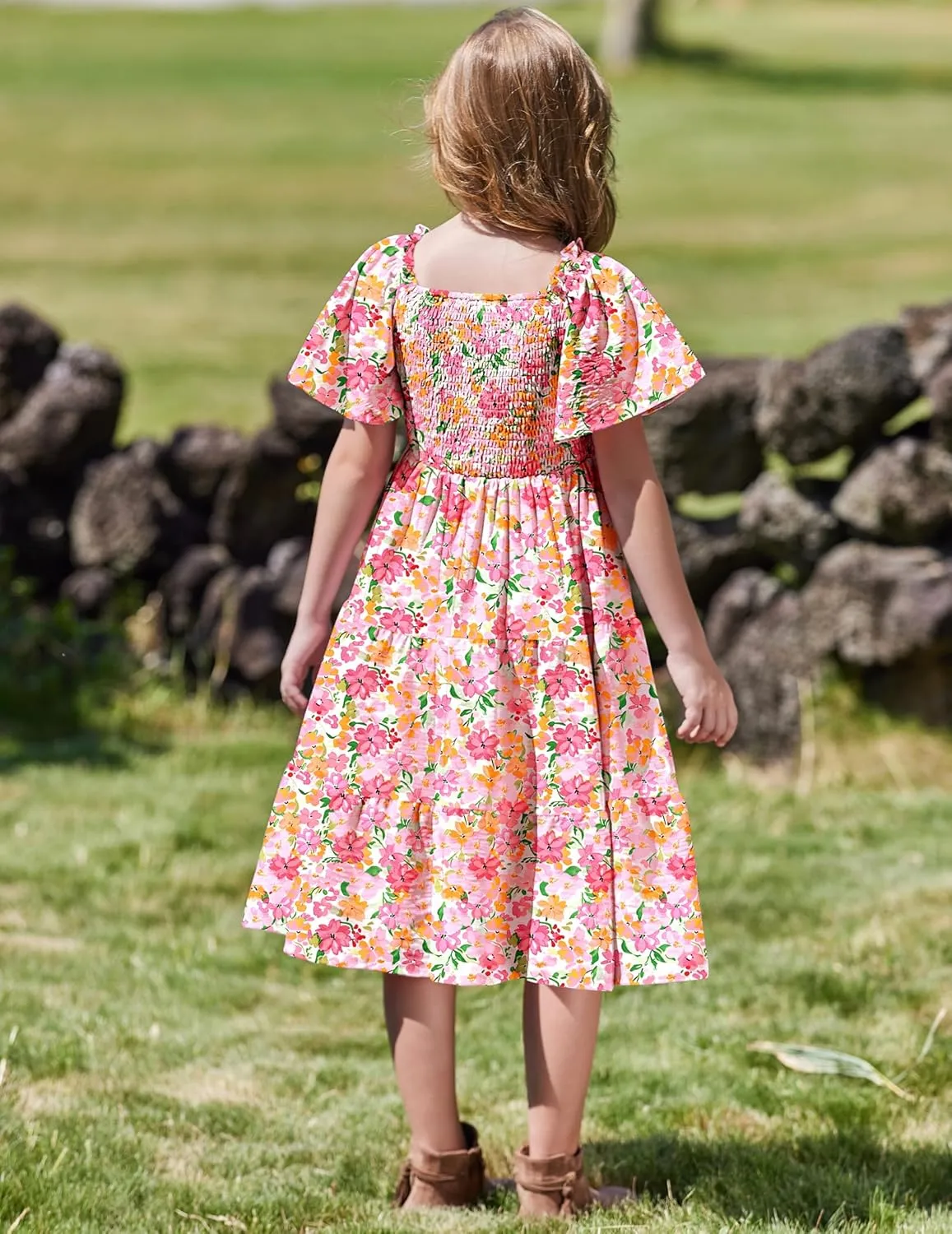 Arshiner Girls Summer Dress Tween Boho Casual Smocked Swing Flowy Ruffle Midi Dresses with Pockets