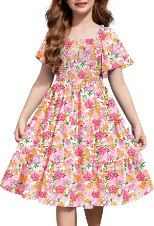 Arshiner Girls Summer Dress Tween Boho Casual Smocked Swing Flowy Ruffle Midi Dresses with Pockets