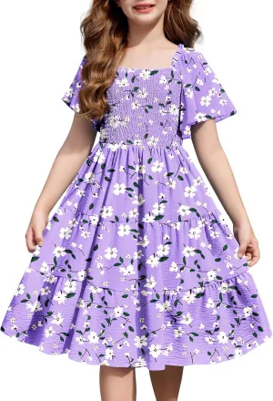 Arshiner Girls Summer Dress Tween Boho Casual Smocked Swing Flowy Ruffle Midi Dresses with Pockets