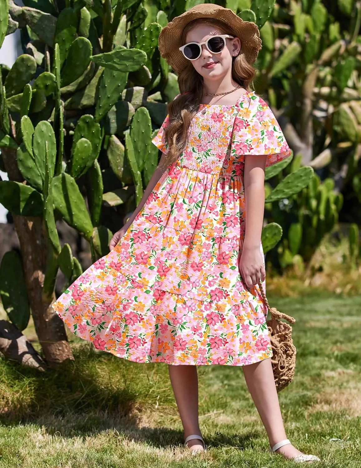 Arshiner Girls Summer Dress Tween Boho Casual Smocked Swing Flowy Ruffle Midi Dresses with Pockets