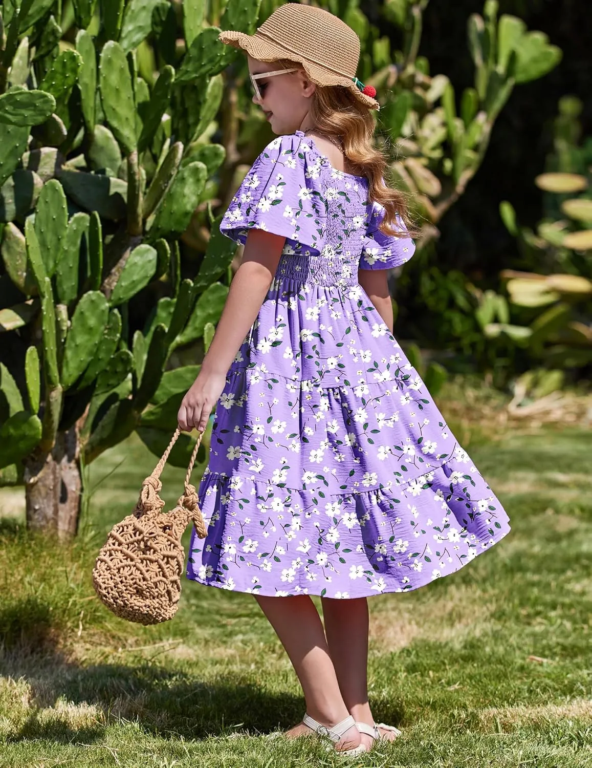 Arshiner Girls Summer Dress Tween Boho Casual Smocked Swing Flowy Ruffle Midi Dresses with Pockets