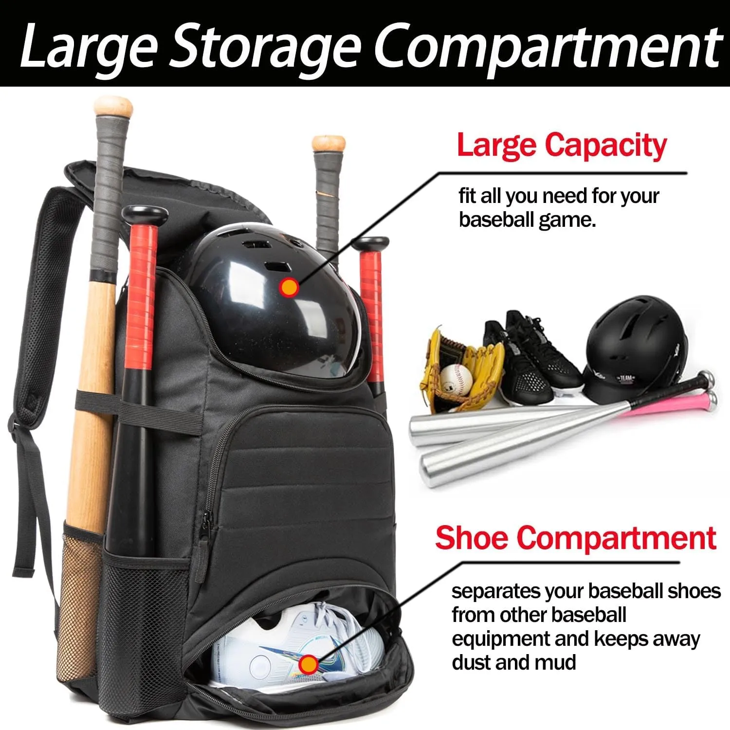 Baseball Bag - Lightweight Softball & T-Ball Backpack with Shoe Compartment for Equipment & Gear