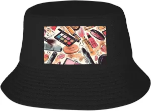 Cosmetic and Makeup Theme Pattern Sun Hats for Women Men Fishing Hat UPF 50  Wide Brim Bucket Hat Foldable Beach Hats Black