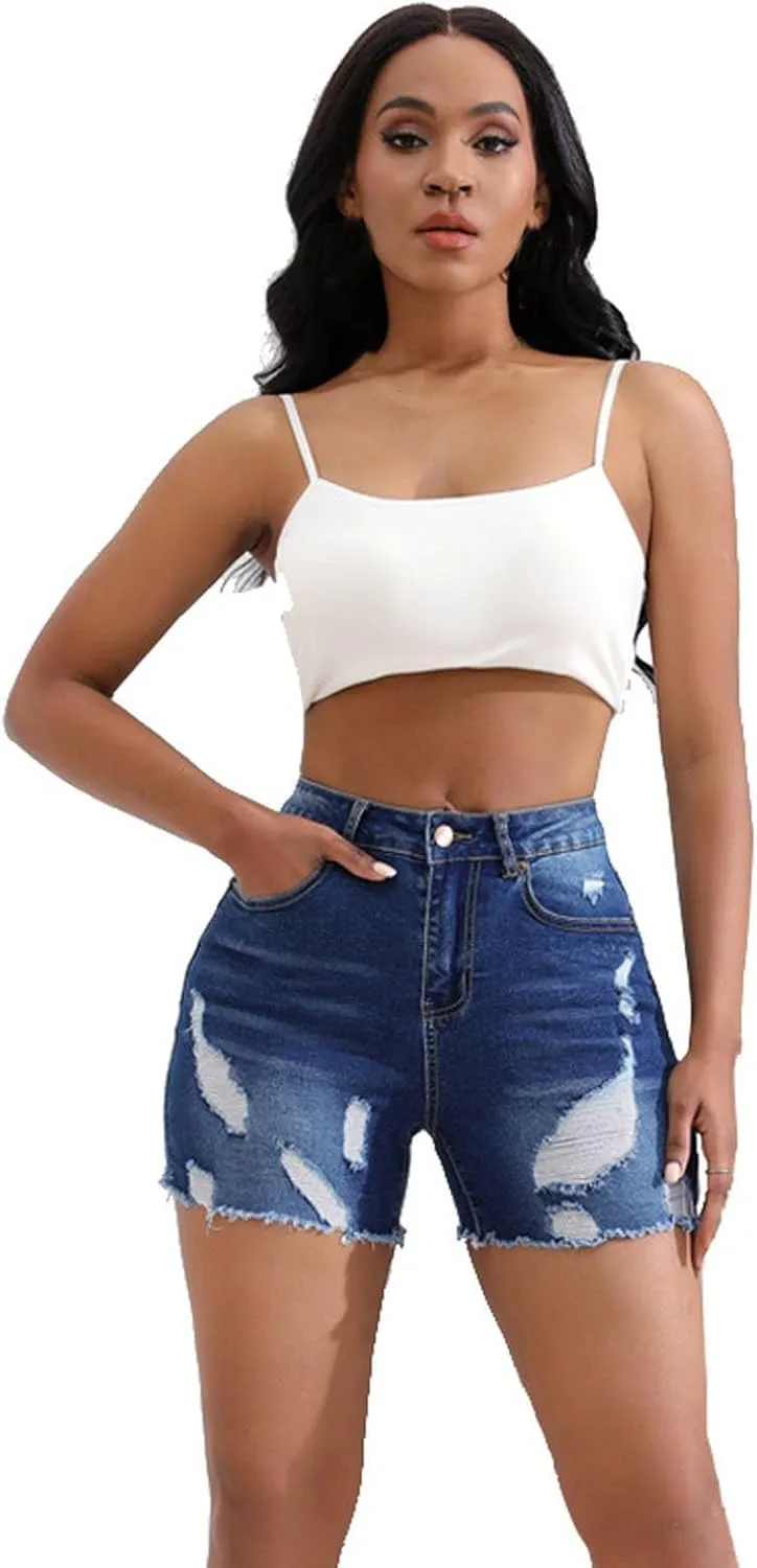 Denim Shorts for Women Mid Rise Ripped Jean Stretchy Folded Hem Hot Jeans Distressed Ripped Cut Off Frayed Hem Short