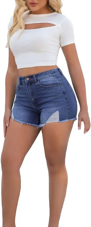 Denim Shorts for Women Mid Rise Ripped Jean Stretchy Folded Hem Hot Jeans Distressed Ripped Cut Off Frayed Hem Short