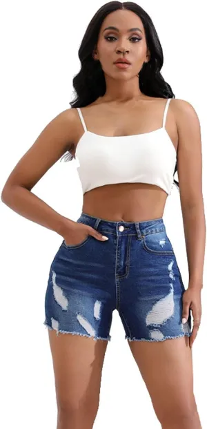 Denim Shorts for Women Mid Rise Ripped Jean Stretchy Folded Hem Hot Jeans Distressed Ripped Cut Off Frayed Hem Short