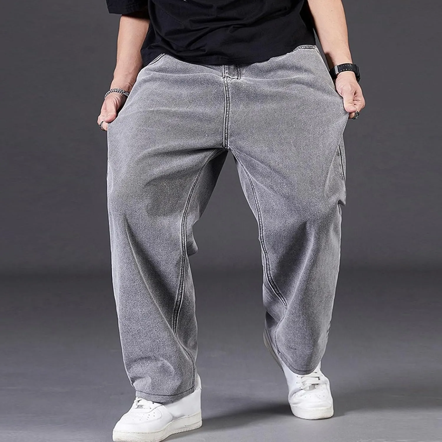 DGHM-JLMY Jean Joggers for Men Relaxed Fit Elastic Waist Denim Pants Casual Loose Straight Legs Wide Leg Trousers