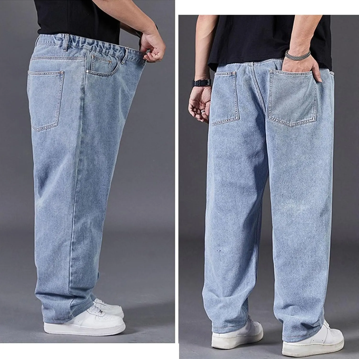 DGHM-JLMY Jean Joggers for Men Relaxed Fit Elastic Waist Denim Pants Casual Loose Straight Legs Wide Leg Trousers