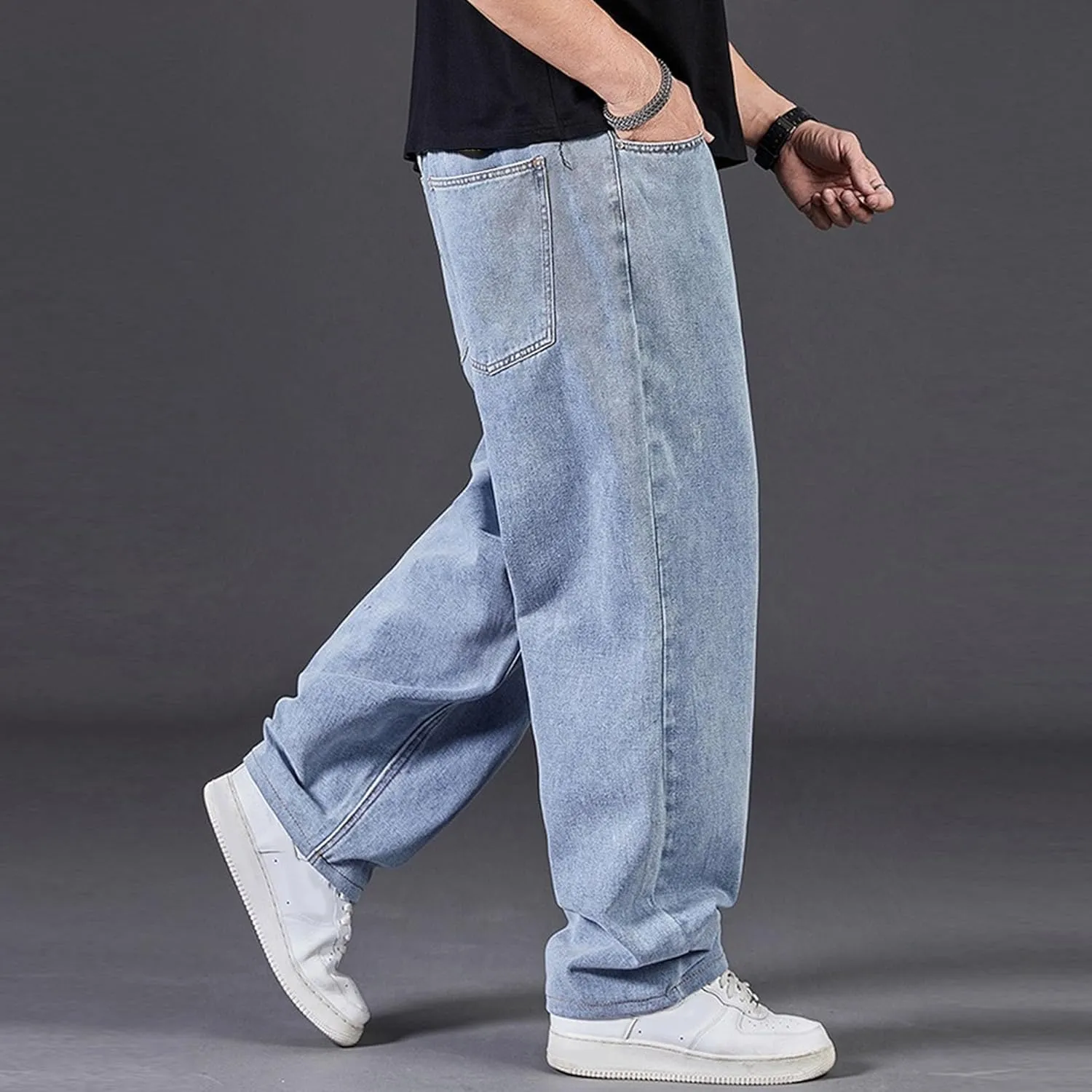 DGHM-JLMY Jean Joggers for Men Relaxed Fit Elastic Waist Denim Pants Casual Loose Straight Legs Wide Leg Trousers