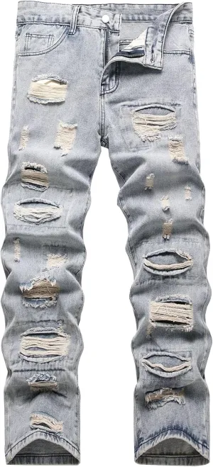 DGHM-JLMY Men's Distressed Relaxed Fit Denim Pants Ripped Slim Fit Straight Leg Jean Denim Pant Hip Hop Jeans Streetwear
