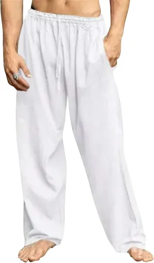 DGHM-JLMY Men's Summer Hip-Hop Cotton Linen Trousers Breathable Drawstring Beach Pants Solid Sports Elastic Waist Yoga Pants