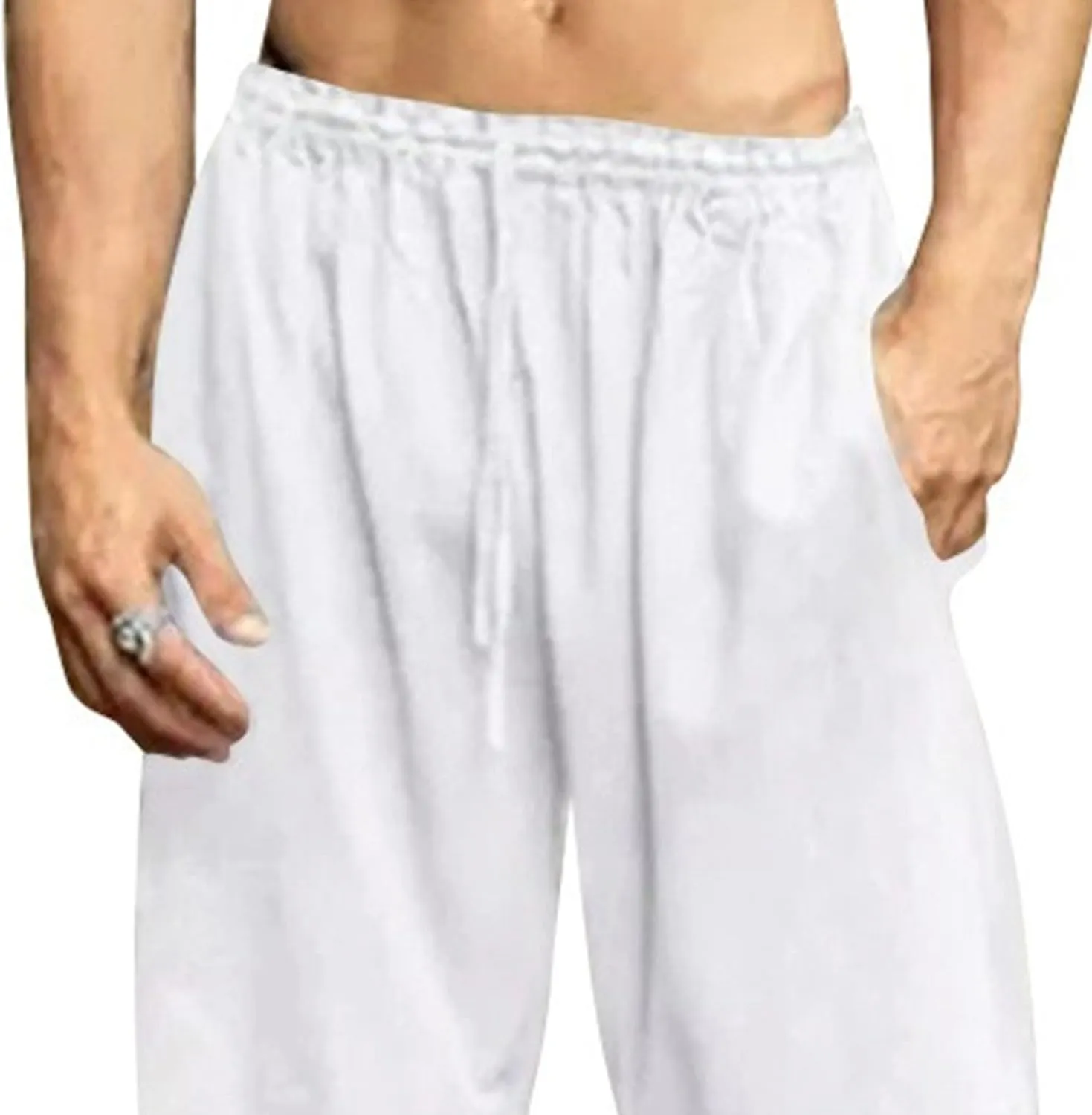 DGHM-JLMY Men's Summer Hip-Hop Cotton Linen Trousers Breathable Drawstring Beach Pants Solid Sports Elastic Waist Yoga Pants