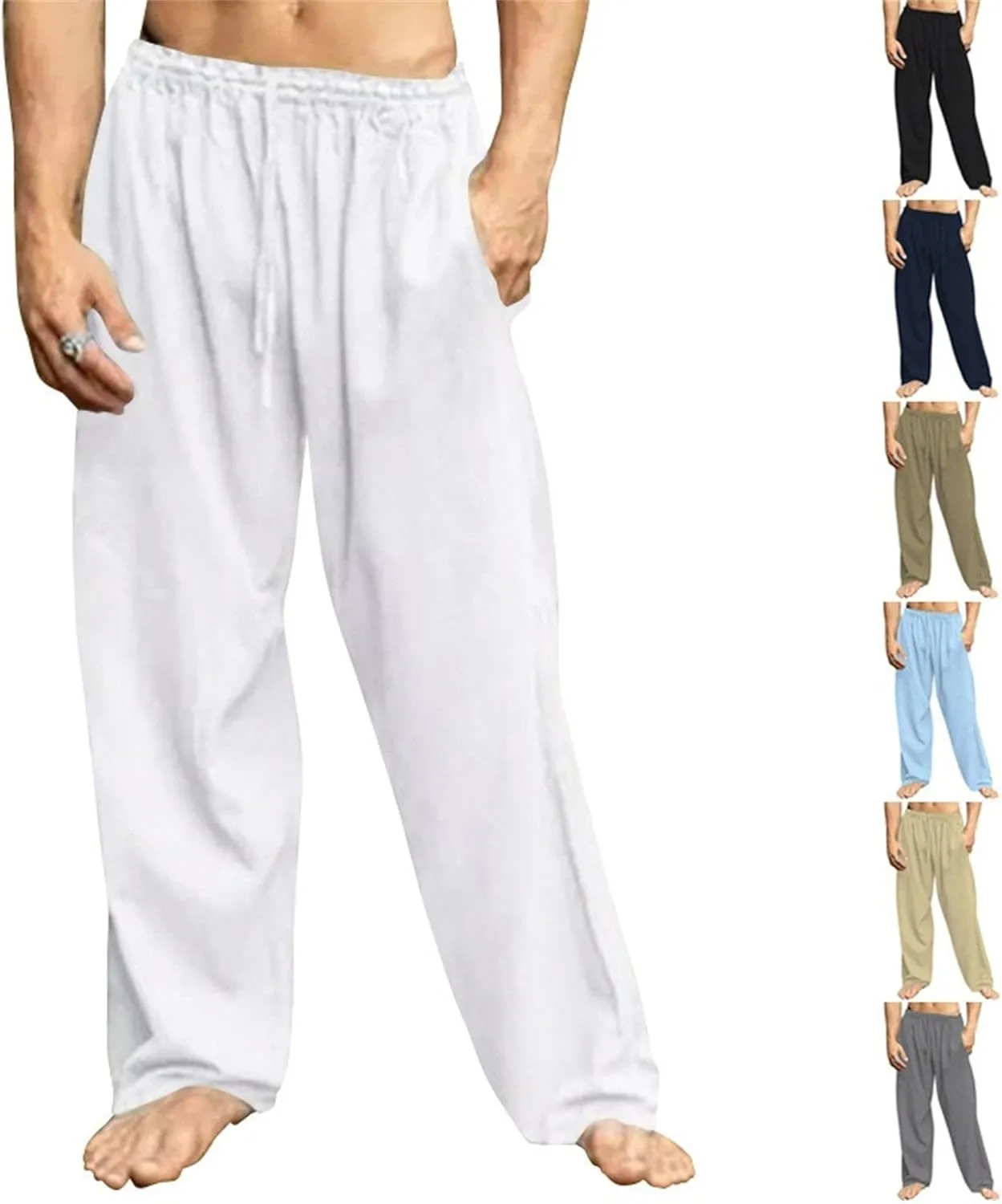 DGHM-JLMY Men's Summer Hip-Hop Cotton Linen Trousers Breathable Drawstring Beach Pants Solid Sports Elastic Waist Yoga Pants