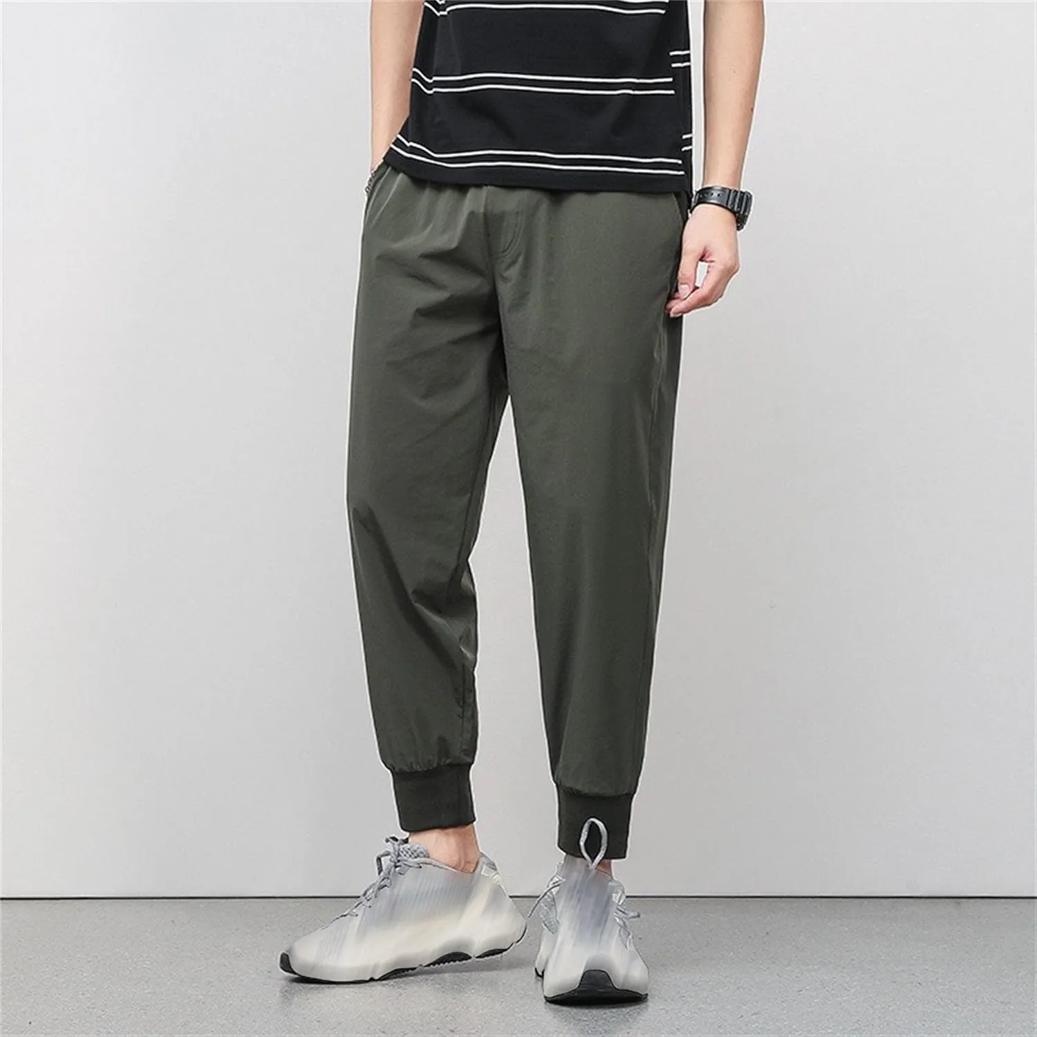 DGHM-JLMY Men's Summer Thin Ice Silk Sweatpants Fashion Breathable Tapered Pants Lightweight Stretchy Jogging Ankle Pants