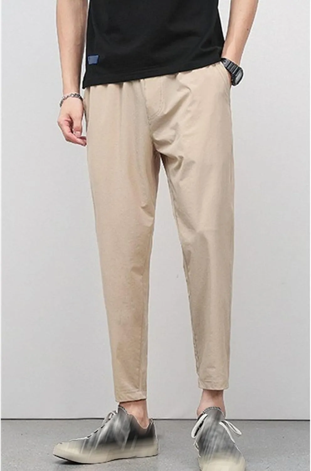 DGHM-JLMY Men's Summer Thin Ice Silk Sweatpants Fashion Breathable Tapered Pants Lightweight Stretchy Jogging Ankle Pants