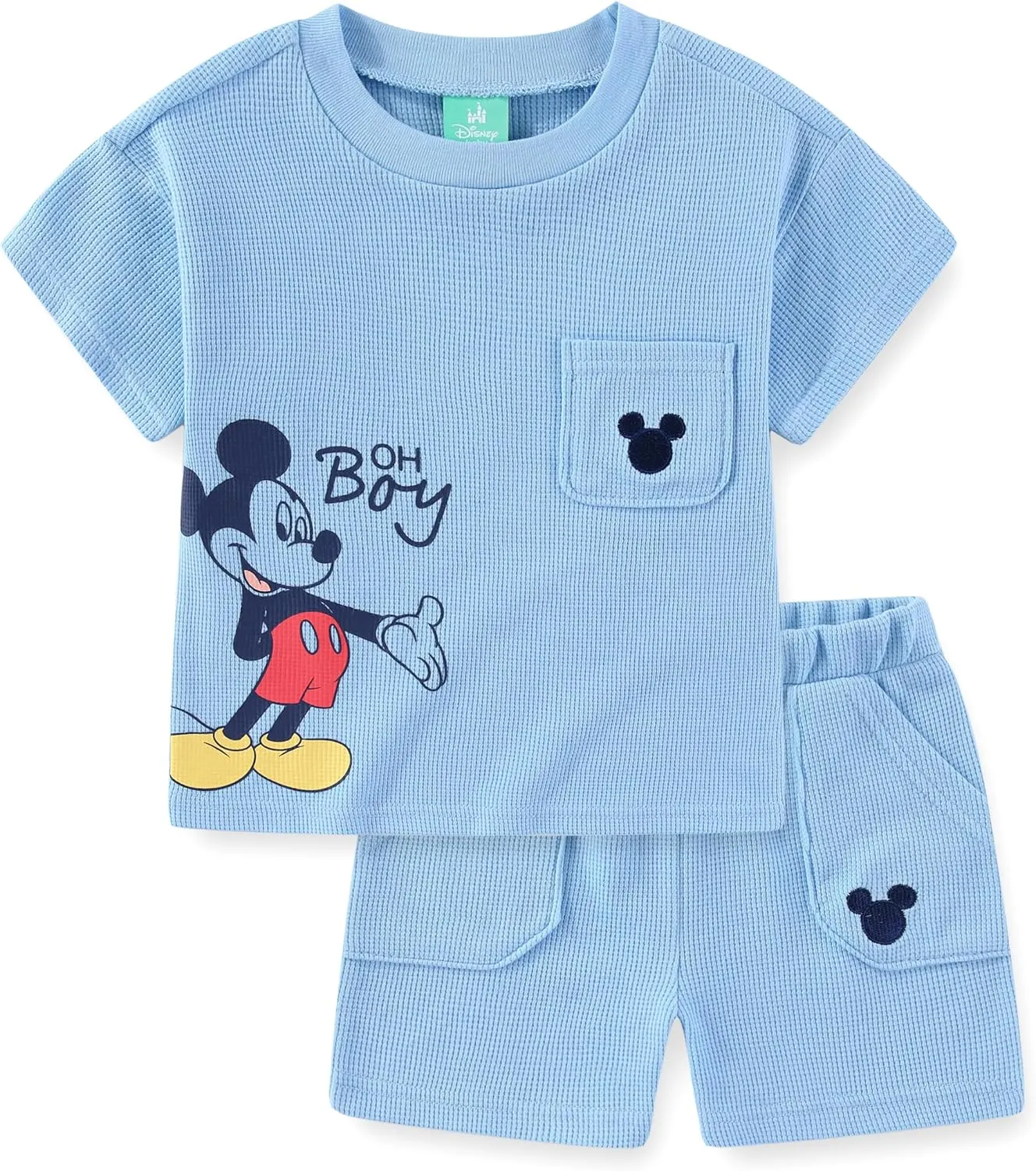 Disney Mickey Mouse Boys Waffle Knit Short Sleeve Shirt and Short Set for Infant and Toddlers