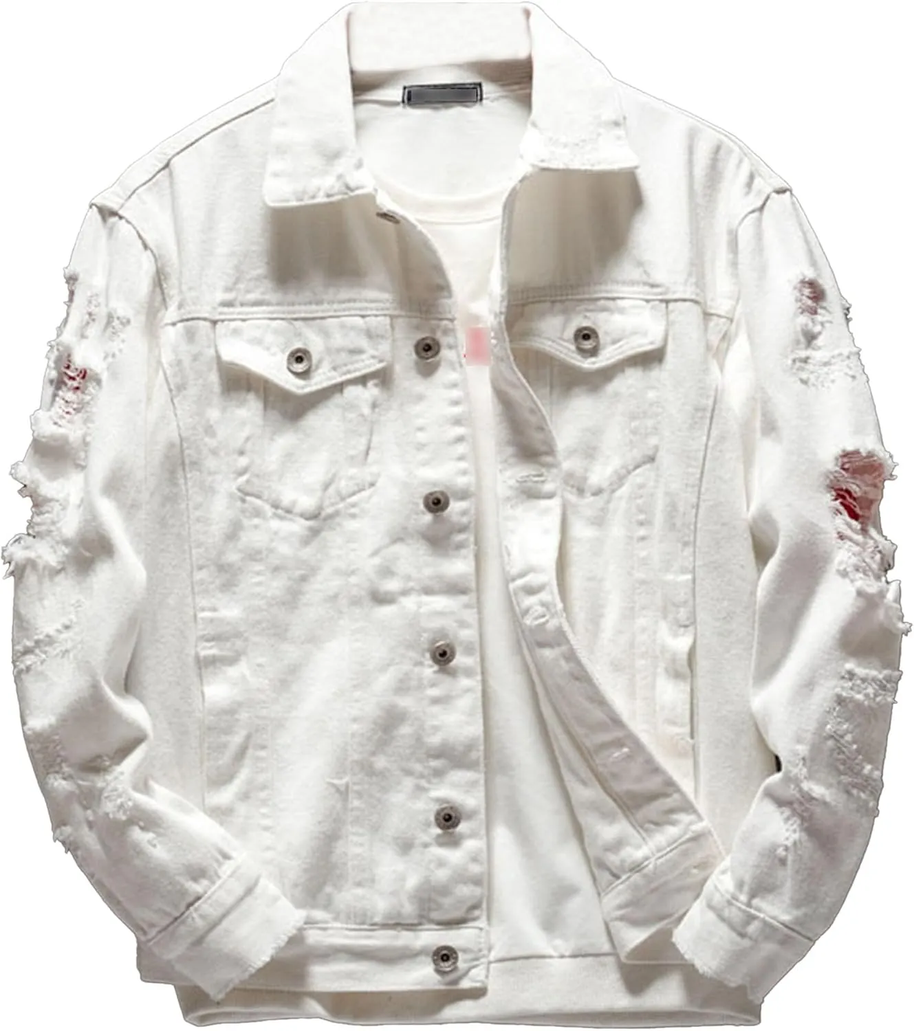 Distressed Denim Jacket for Men Casual Ripped Holes Button Down Trucker Jacket Long Sleeve Motorcycle Jean Jacket