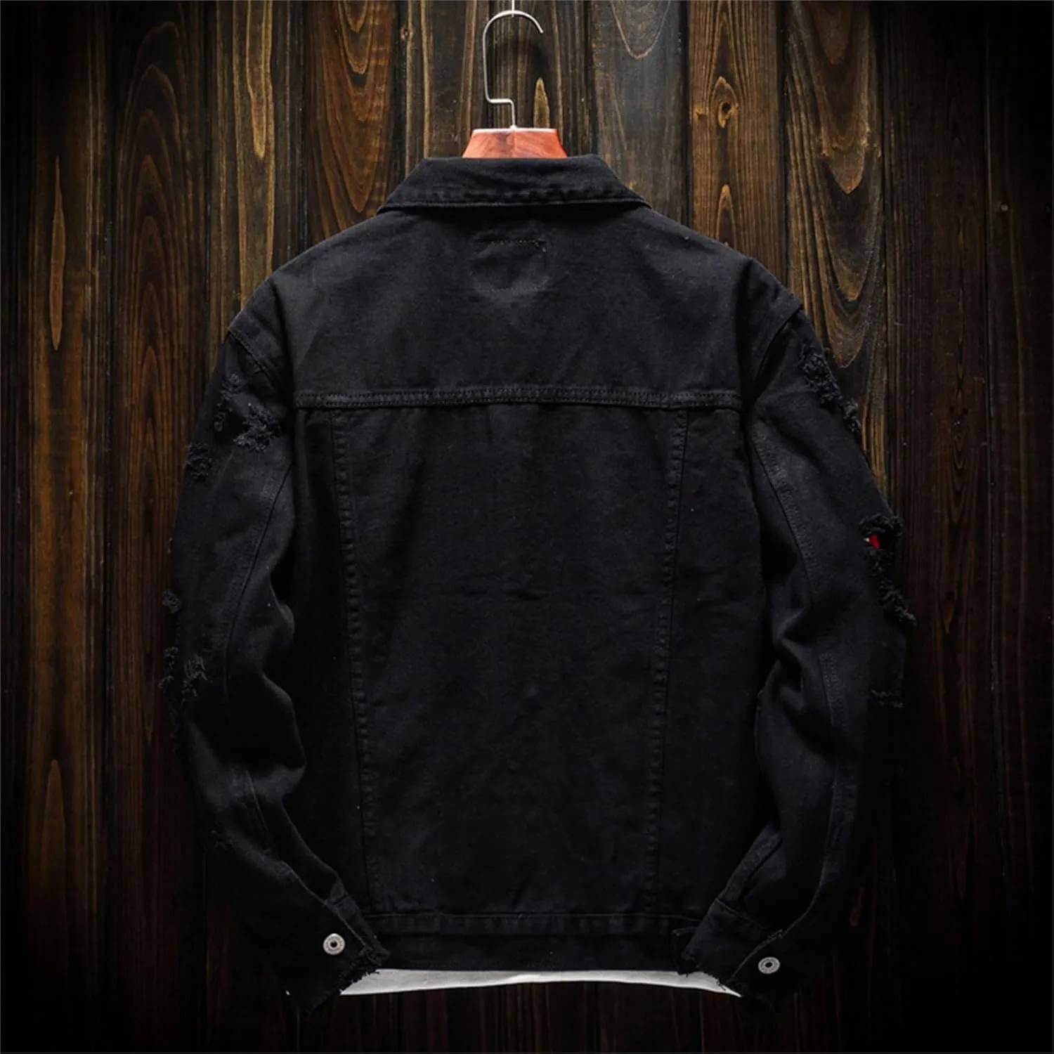 Distressed Denim Jacket for Men Casual Ripped Holes Button Down Trucker Jacket Long Sleeve Motorcycle Jean Jacket