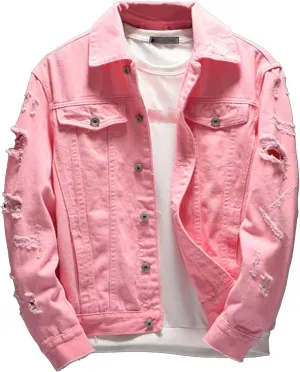 Distressed Denim Jacket for Men Casual Ripped Holes Button Down Trucker Jacket Long Sleeve Motorcycle Jean Jacket