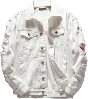 Distressed Denim Jacket for Men Casual Ripped Holes Button Down Trucker Jacket Long Sleeve Motorcycle Jean Jacket