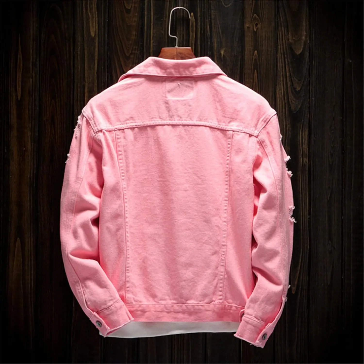 Distressed Denim Jacket for Men Casual Ripped Holes Button Down Trucker Jacket Long Sleeve Motorcycle Jean Jacket