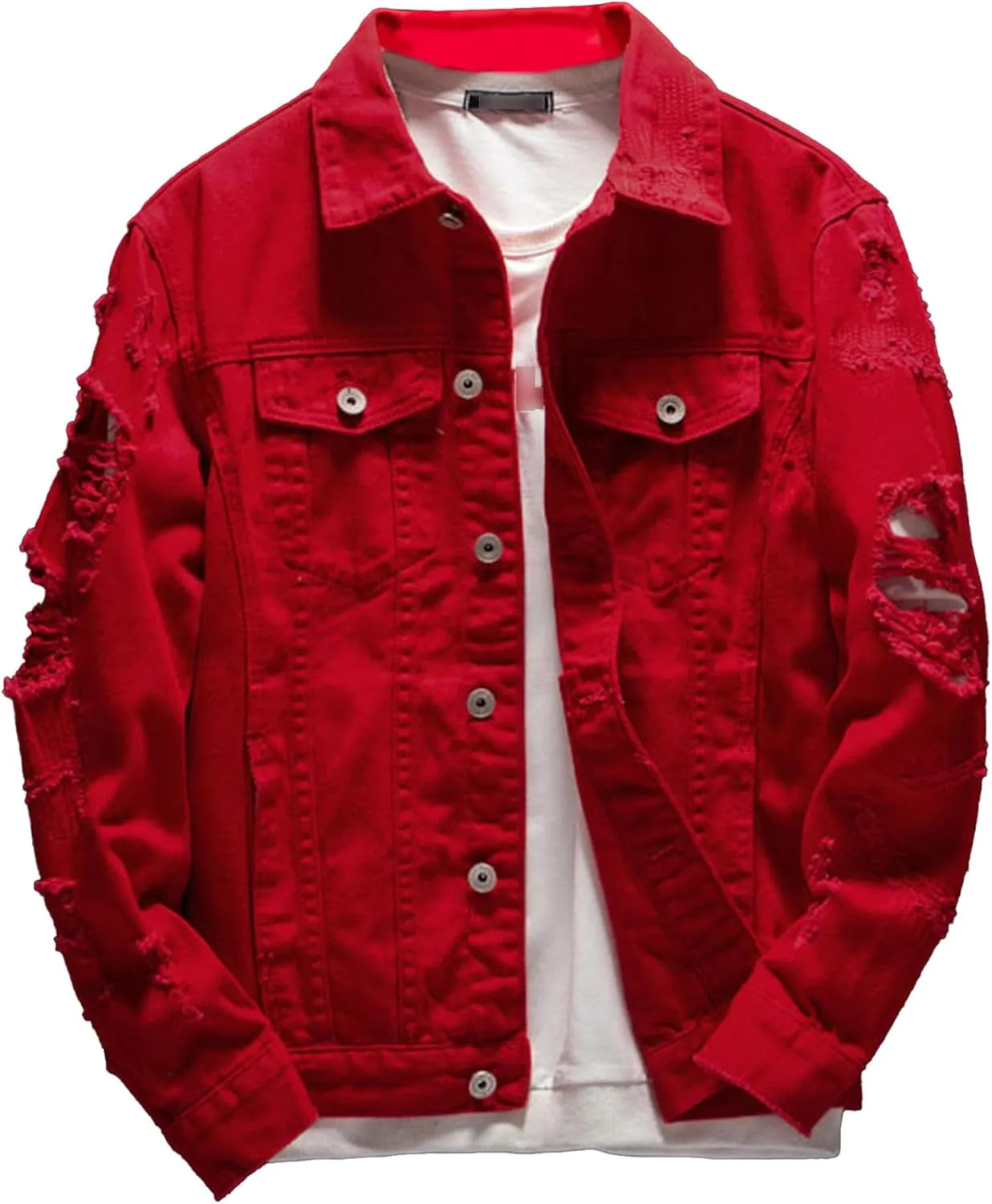 Distressed Denim Jacket for Men Casual Ripped Holes Button Down Trucker Jacket Long Sleeve Motorcycle Jean Jacket