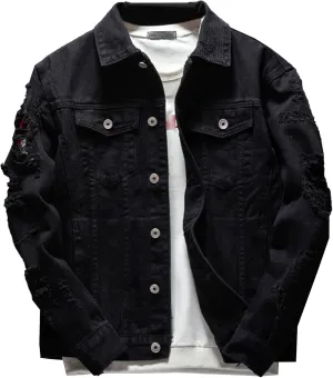 Distressed Denim Jacket for Men Casual Ripped Holes Button Down Trucker Jacket Long Sleeve Motorcycle Jean Jacket