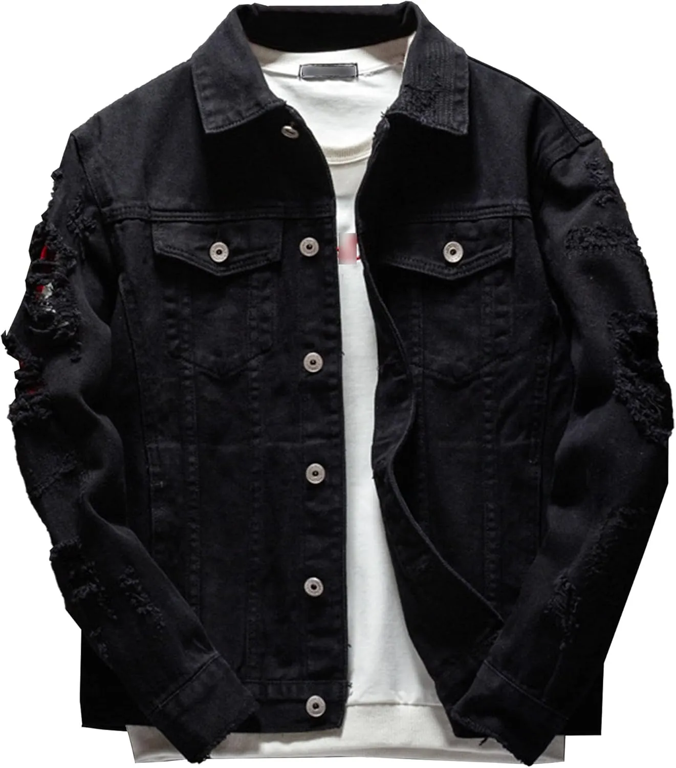 Distressed Denim Jacket for Men Casual Ripped Holes Button Down Trucker Jacket Long Sleeve Motorcycle Jean Jacket