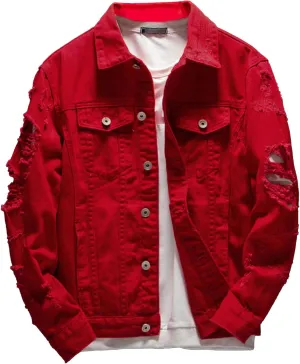Distressed Denim Jacket for Men Casual Ripped Holes Button Down Trucker Jacket Long Sleeve Motorcycle Jean Jacket