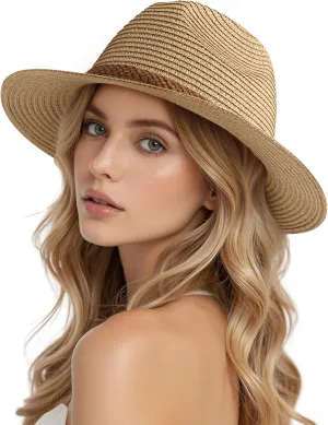 DOFOWORK Beach Hats for Women - Sun Straw Fedora Hats for Women, Packable Sun Hat Womens with Chin Strap, UPF 50 