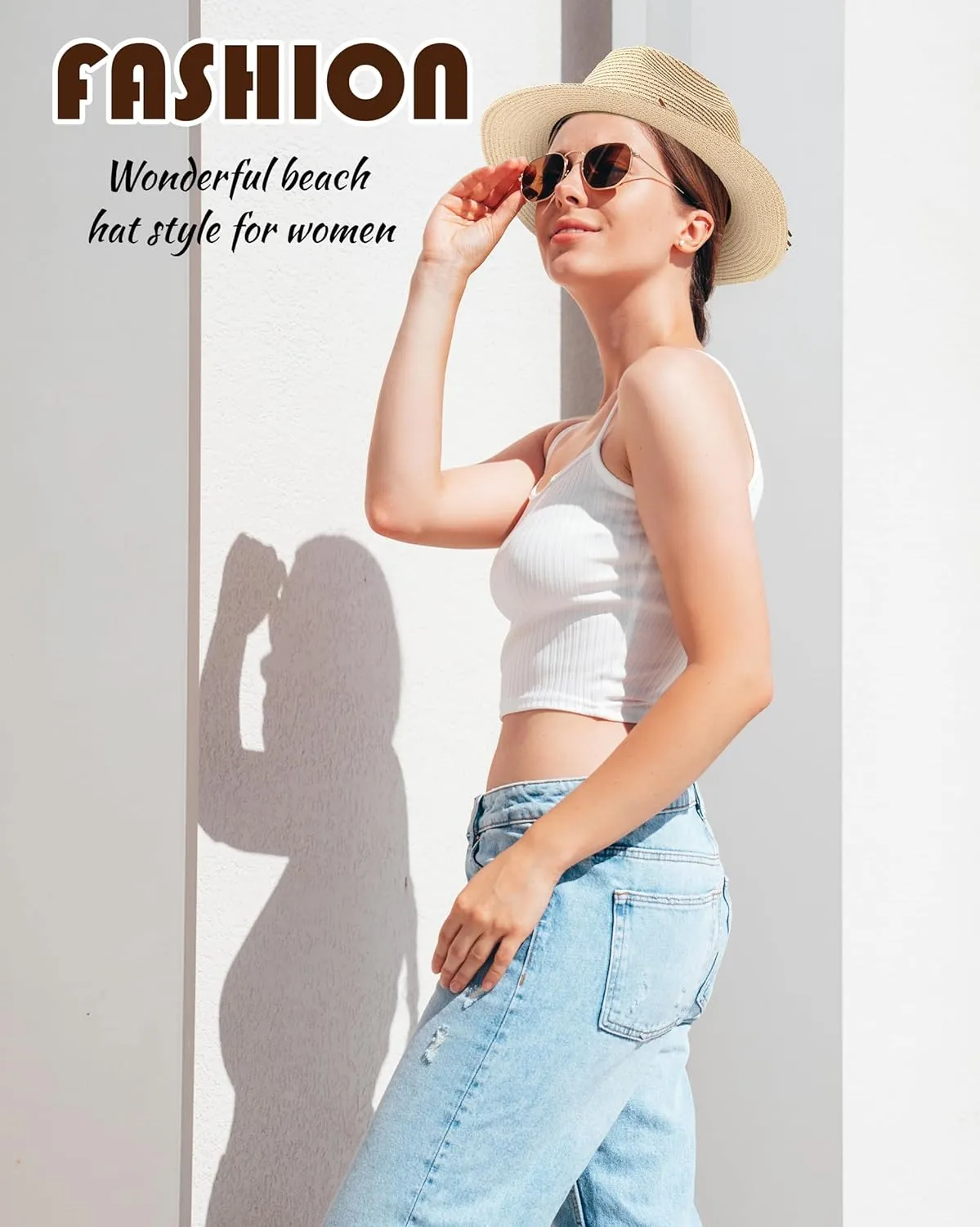 DOFOWORK Beach Hats for Women - Sun Straw Fedora Hats for Women, Packable Sun Hat Womens with Chin Strap, UPF 50 