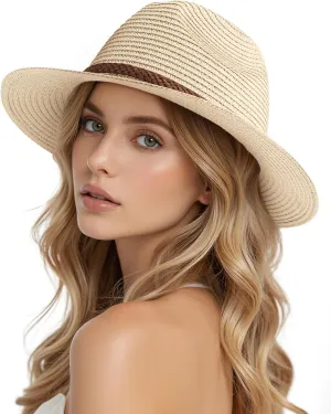 DOFOWORK Beach Hats for Women - Sun Straw Fedora Hats for Women, Packable Sun Hat Womens with Chin Strap, UPF 50 