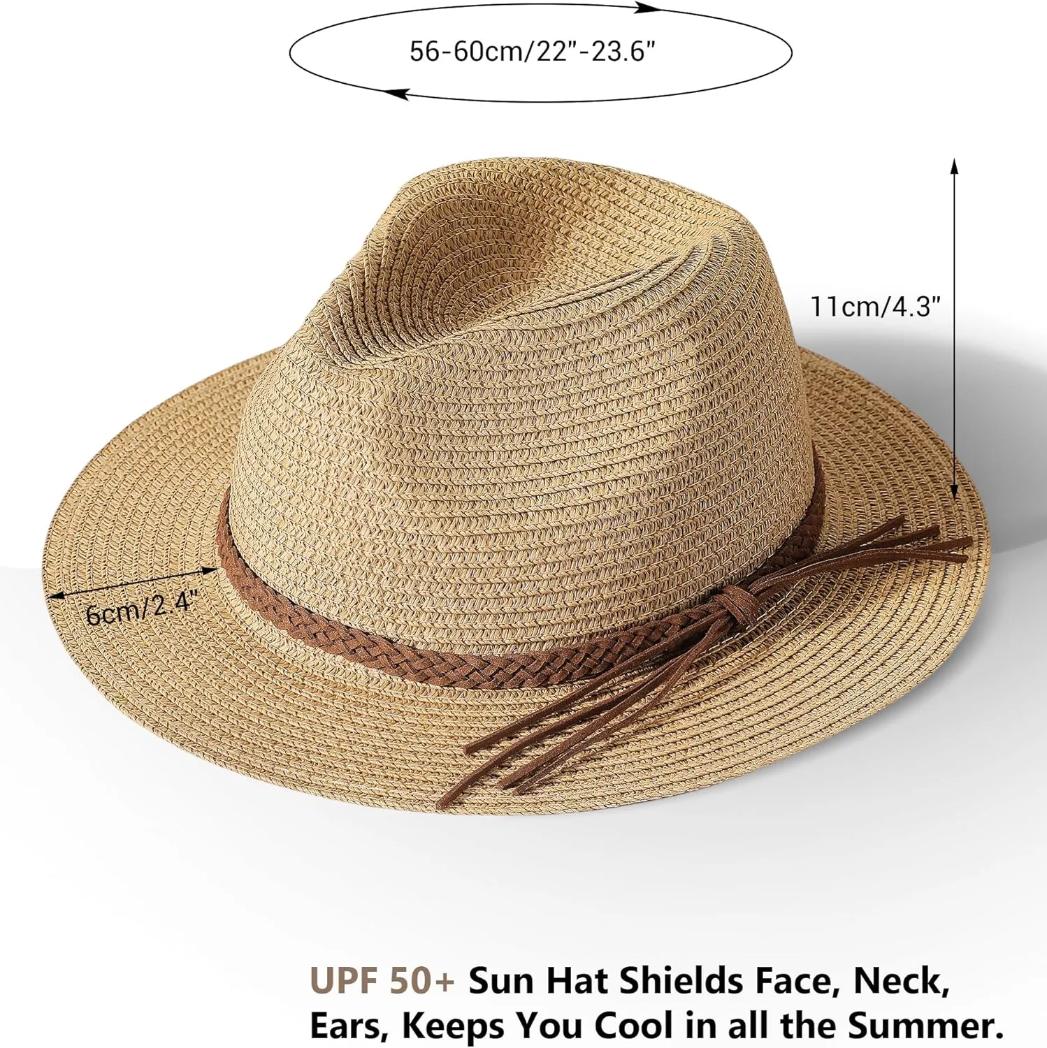 DOFOWORK Beach Hats for Women - Sun Straw Fedora Hats for Women, Packable Sun Hat Womens with Chin Strap, UPF 50 